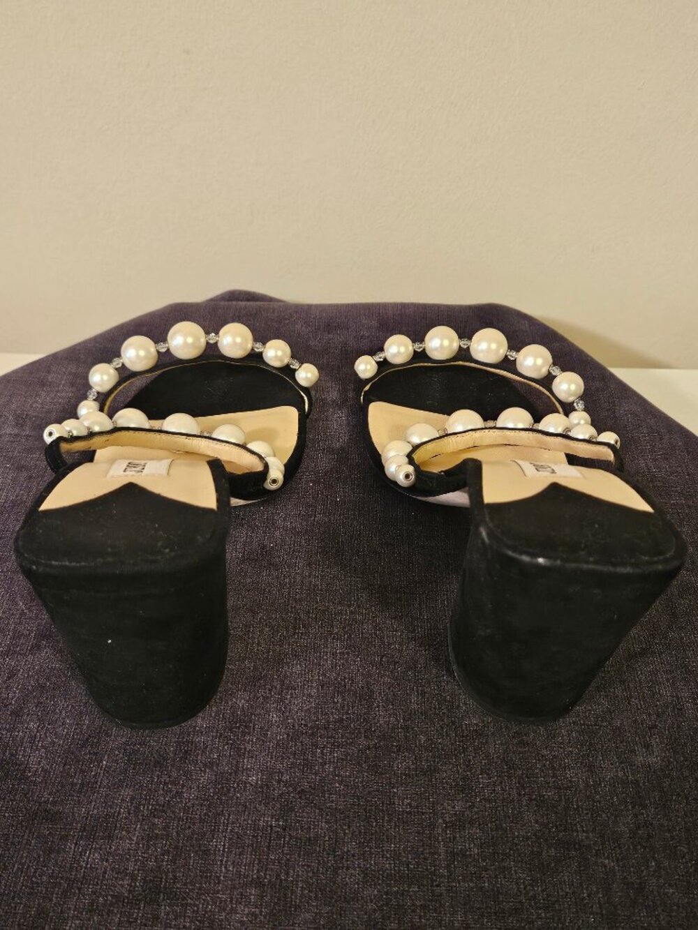 Jimmy Choo Amara 85mm Pearl Straps Suede Block Heels Mules EUC EU 38.5 US 8-8.5 - Picture 5 of 9